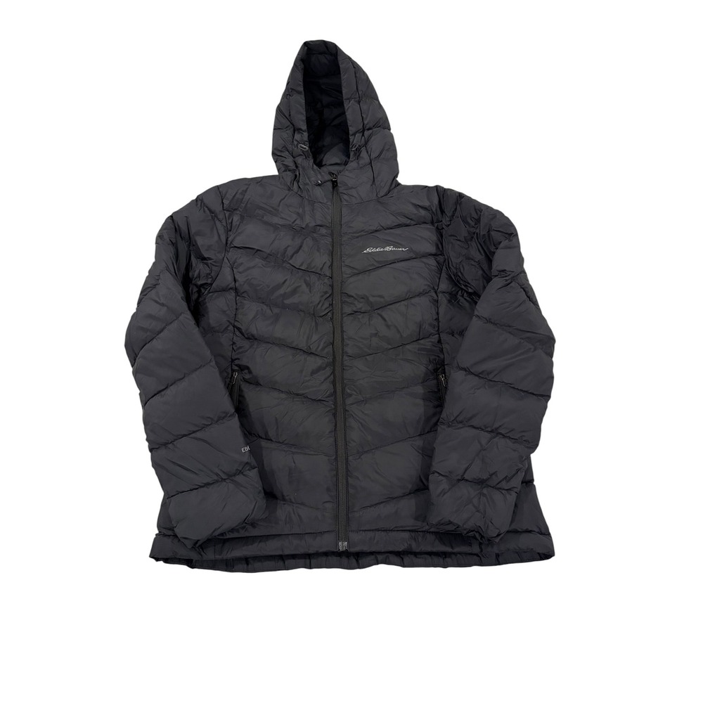 Eddie Bauer EB650 Down Puffer Jacket Black Hooded Full Zip Mens Small Unisex